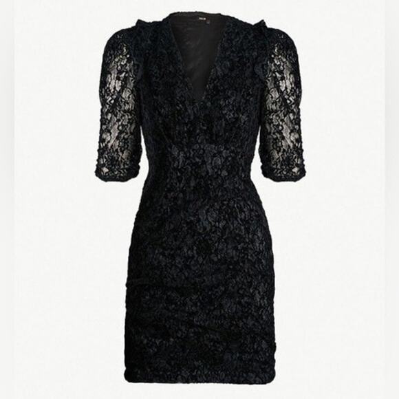 Maje | Rimael Black Velvet Flocked Lace Puff Sleeve Mini Dress Size 1 US S - Picture 3 of 11